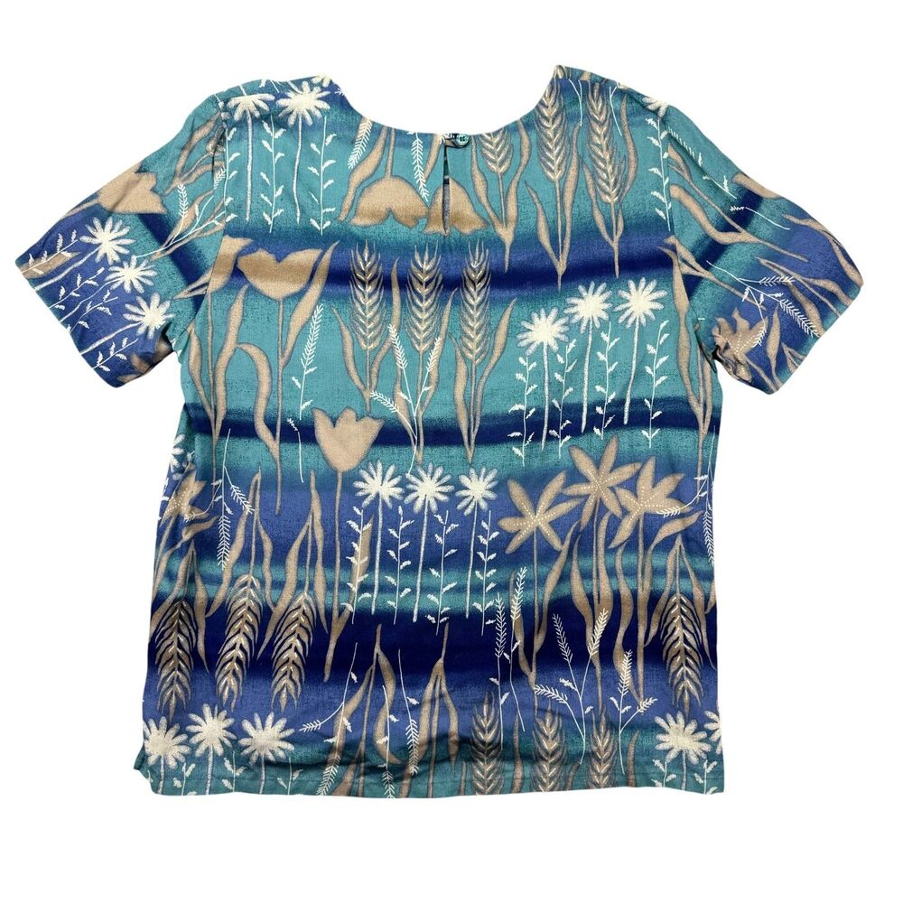 Alfred Dunner Top Womens 14 Blue Green Floral Square Neck Short Sleeve USA Shirt - Picture 2 of 6